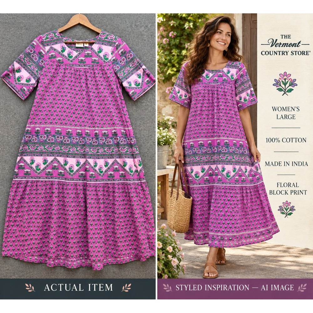 Vermont Country Store Floral Block Print Dress Womens L Purple Cotton Midi Boho
